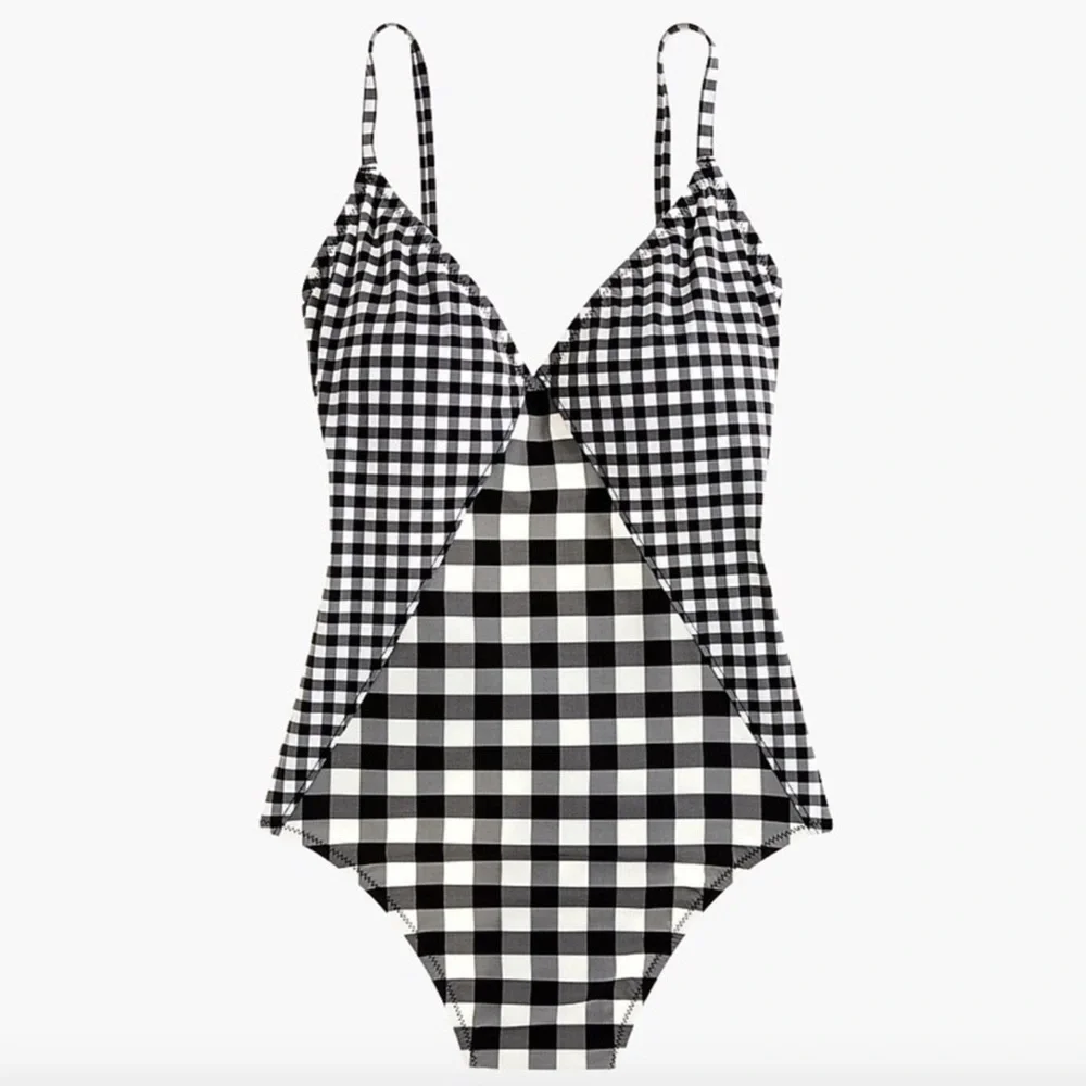 J. Crew Deep V-neck One-piece Swimsuit, Gingham Size 8 NWT